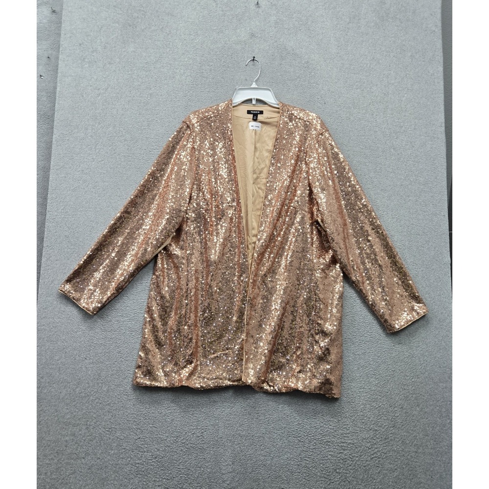 Torrid Women Jacket 3 Rose Gold Pink Stretch Sequin Mesh Long Line Party Holiday